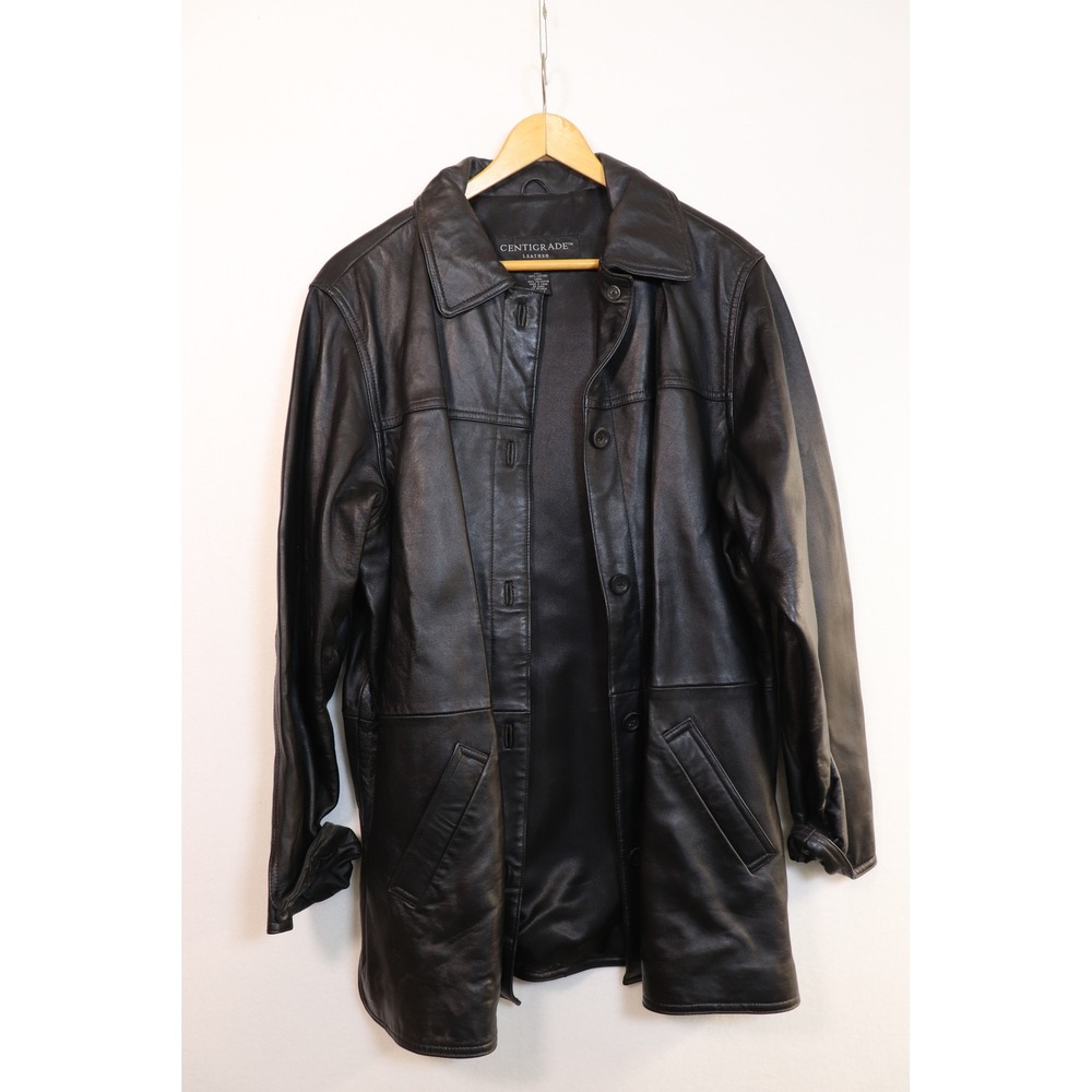 Centigrade Leather Black Button Front Jacket Mid Length‎ Coat Mens RN 81893